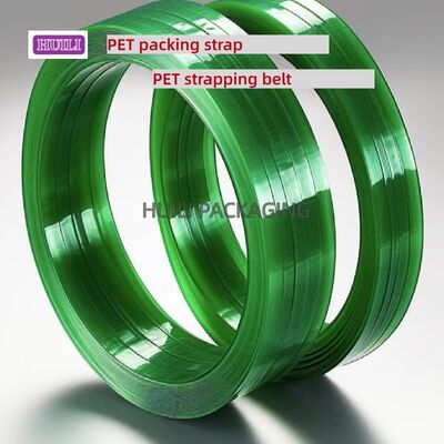 High-speed PET packaging belt 16mm green PET strapping with PE film or kraft paper packaging