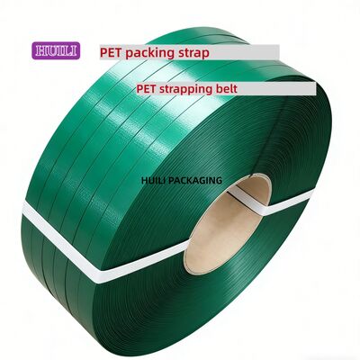 High-speed PET packaging belt 16mm green PET strapping with PE film or kraft paper packaging